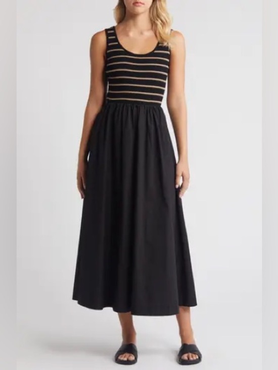 Moon River Dresses & Skirts - Moon River Stripe Bodice Mixed Media Midi Dress Black/ Tan Color Size Small